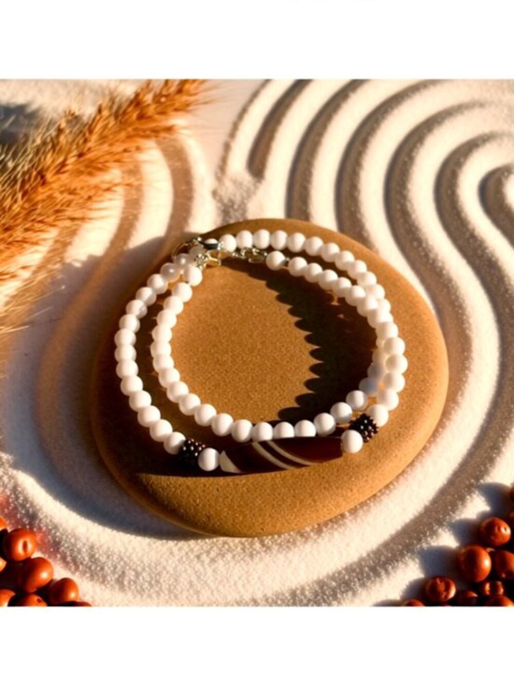 Dainty Slimline Wrap Bracelet – Brown Banded Agate & White Ceramic Beads (7")